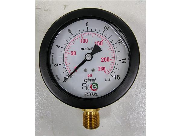 MANOMETRO Ø100mm ROSCA 1/2BSP VERTICAL - 0-16 kgf/cm2 x 230 psi - CX AÇO CARBONO - COM GLICERINA